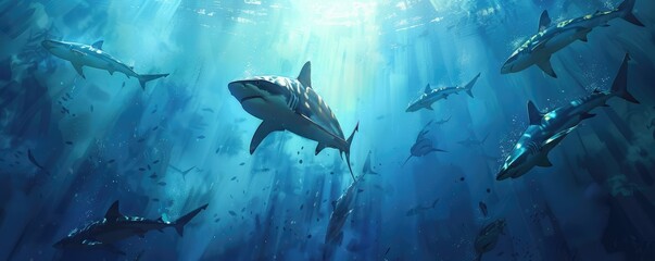 Obraz premium An underwater odyssey with multiple sharks and fish swimming amongst rays of light in the deep blue ocean.