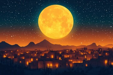 A desert town illuminated by a full moon and stars at night.