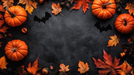 Happy Halloween Flat Lay Mockup with Pumpkins, Leaves, and Bats on Black Background. Autumn Holiday Concept. AI generated illustration