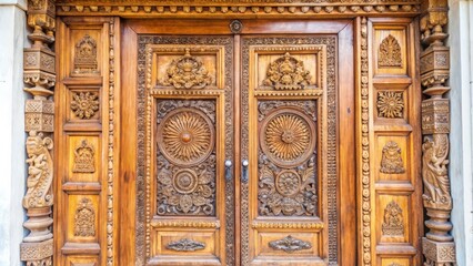 Fototapeta premium Intricately Carved Wooden Double Doors with Ornate Detailing