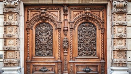 Obraz premium Ornate Wooden Double Doors with Intricate Carvings