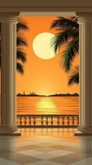 Fototapeta premium Sunset View from a Grecian-Style Balcony Overlooking the Sea