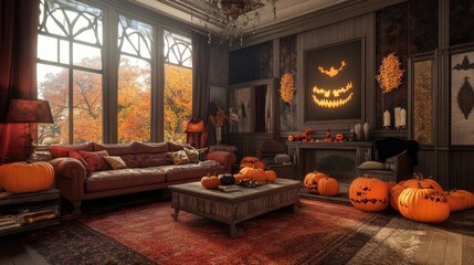 Obraz premium Halloween Themed Living Room Interior Design. AI generated illustration