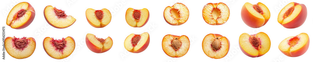Poster full depth of field on a white background, peach slice isolated