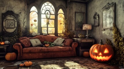 Obraz premium Halloween Themed Living Room Interior Design. AI generated illustration