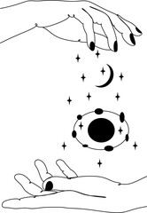 Magic hand with stars. Celestial and mystical stars for branding logo cosmetics and beauty products. Esoteric and mystical design elements.Hand drawn Vector illustration.