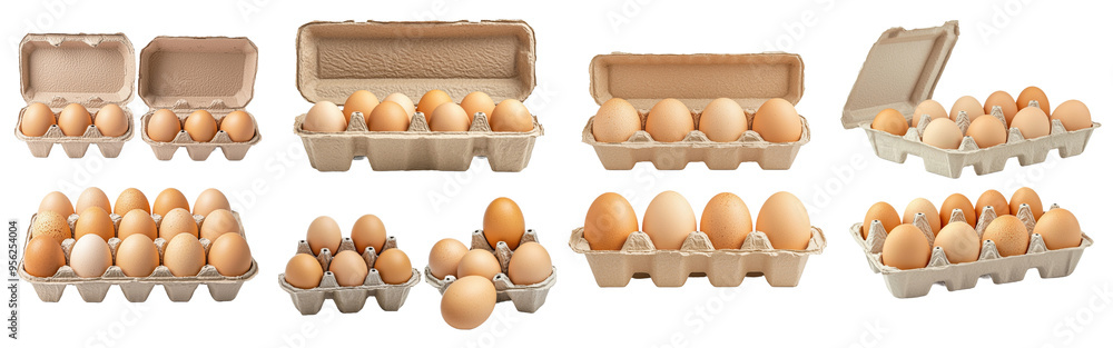 Poster several ten-egg chicken eggs on a white background with full depth of field, isolated on white