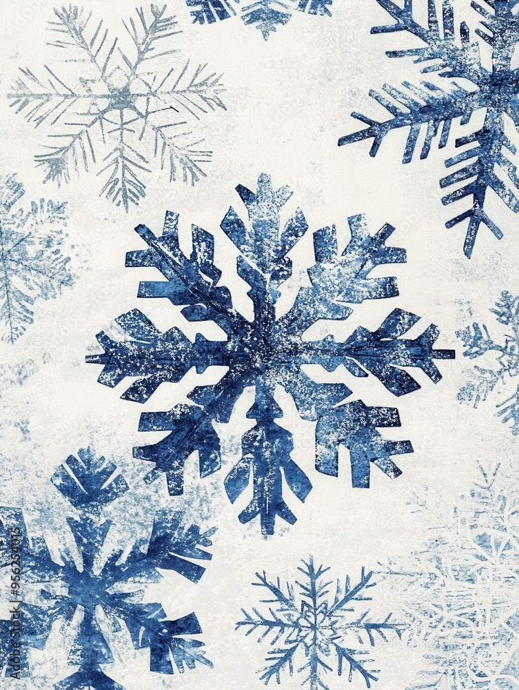 Fototapete an artistic display of blue snowflakes over a light background, evoking a cold winter atmosphere wit