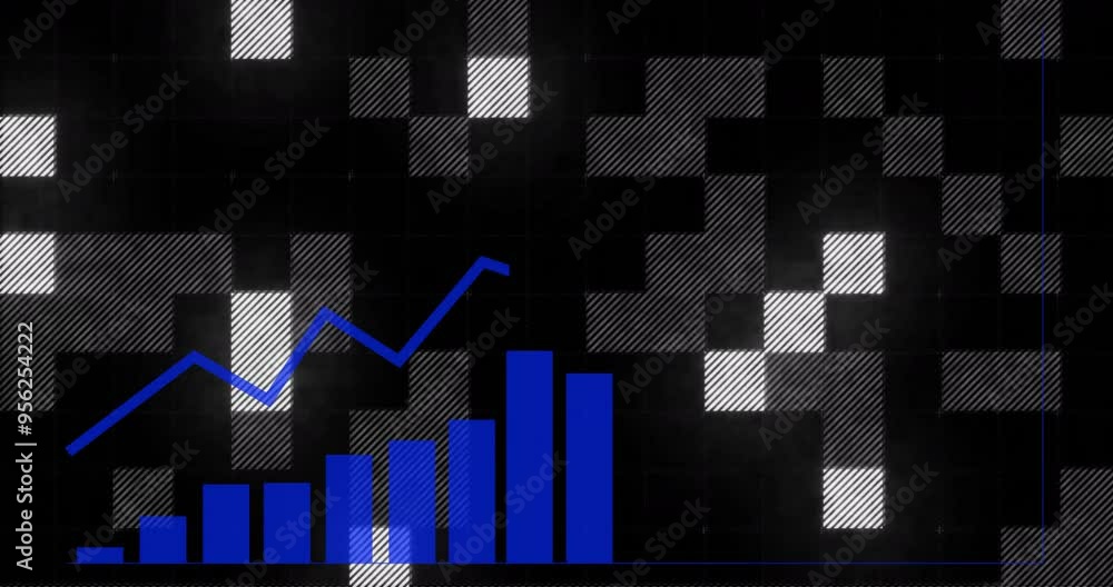 Poster bar chart and line graph animation over pixelated black and white background