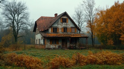 Obraz premium Old Farmhouse in Autumn Horror Halloween Setting. AI generated illustration