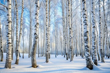 Fototapeta premium A cluster of birch trees in a snow-covered forest, their white bark blending with the snow