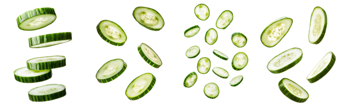 Cucumber, stick, falling on white background, full depth of field
