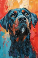 Obraz premium Abstract Portrait of a Black Dog with Orange and Blue Background