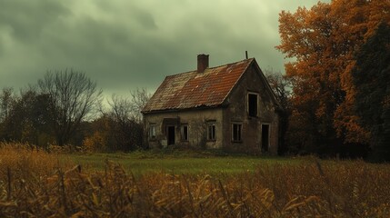 Obraz premium Old Farmhouse in Autumn Horror Halloween Setting. AI generated illustration