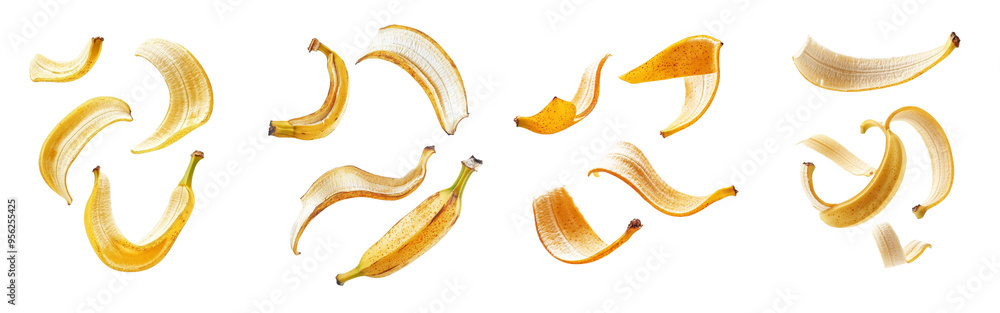 Poster The peeled fruit of a falling banana is isolated on a white background. There is full depth of field in this image