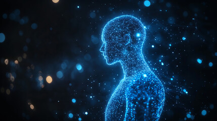 Wireframe human figure standing against blue digital background. Generative AI