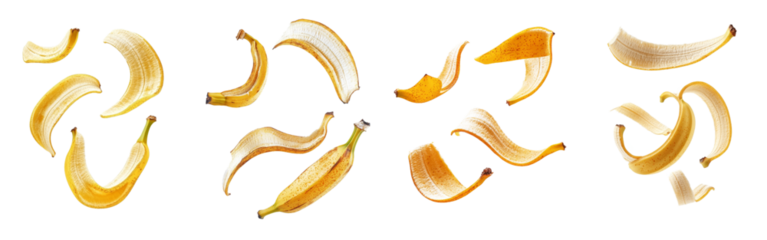 The peeled fruit of a falling banana is isolated on a white background. There is full depth of field in this image