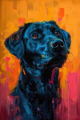 Obraz premium Abstract Painting of a Black Dog's Head with Orange and Pink Background