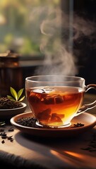 Aromatic tea in cup, Green green, leaves