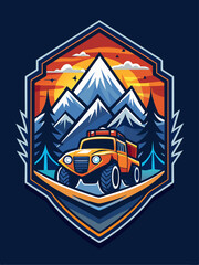 Naklejka premium Off-Road Vehicle in Mountainous Sunset Landscape