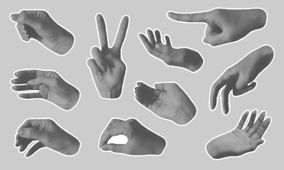 Halftone hand set. Finger gesture. Trendy vintage design for banner, poster, card. Contemporary retro template. Vector illustration.