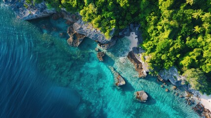 Aerial view of a tropical island with crystal-clear water, travel, paradise escape