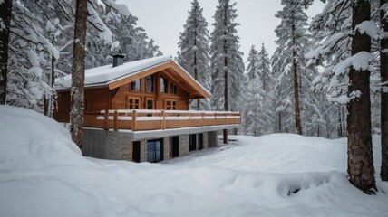 Snow-covered Scandinavian chalet with minimal winter design 