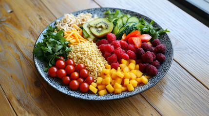 A plate of healthy, colorful food arranged artfully on a table, with fresh fruits, vegetables, and grains. The image appeals to themes of nutrition, wellness, and culinary arts