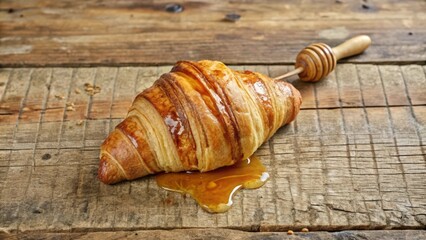 A Golden Croissant Drizzled with Honey on Wooden Surface