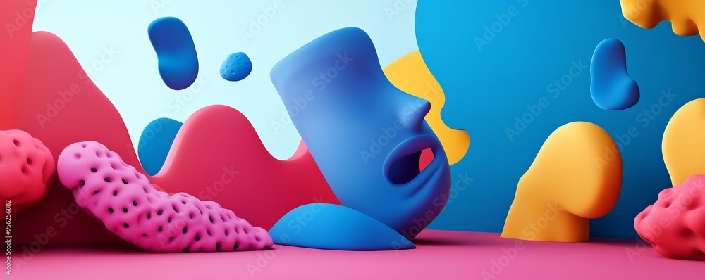 Poster a colorful abstract scene featuring playful shapes and dynamic forms, perfect for artistic and creat