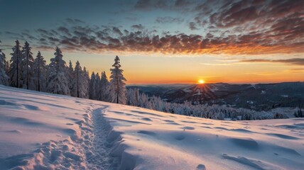 Snow-covered winter landscape at sunset 