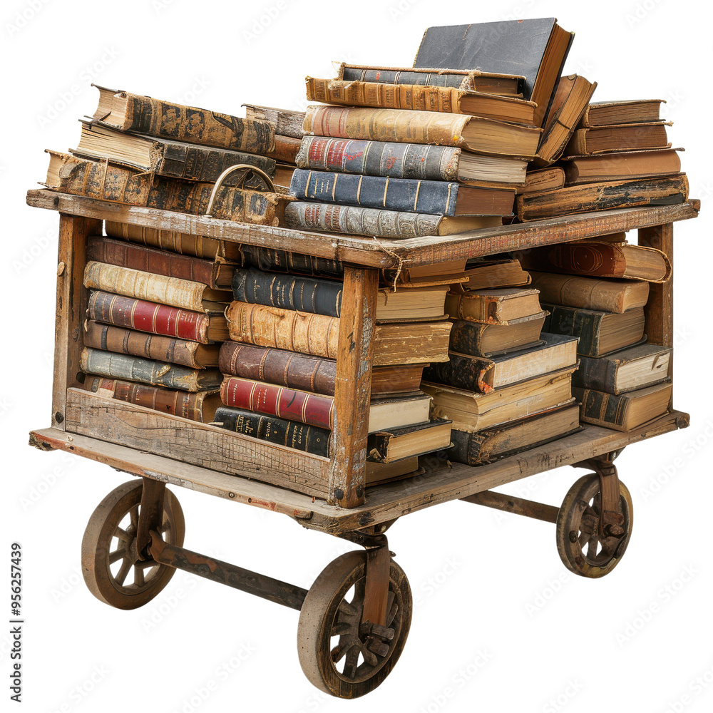 Wall mural a vintage wooden cart overflowing with stacked books, perfect for showcasing literary charm and nost