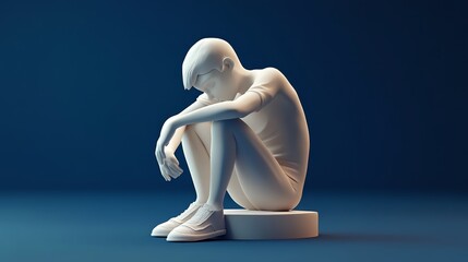 A minimalist sculpture depicting a seated figure in a reflective pose, evoking feelings of introspection and solitude.