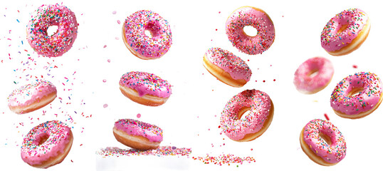 Donut falling on white background, full depth of field