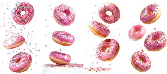 Donut falling on white background, full depth of field