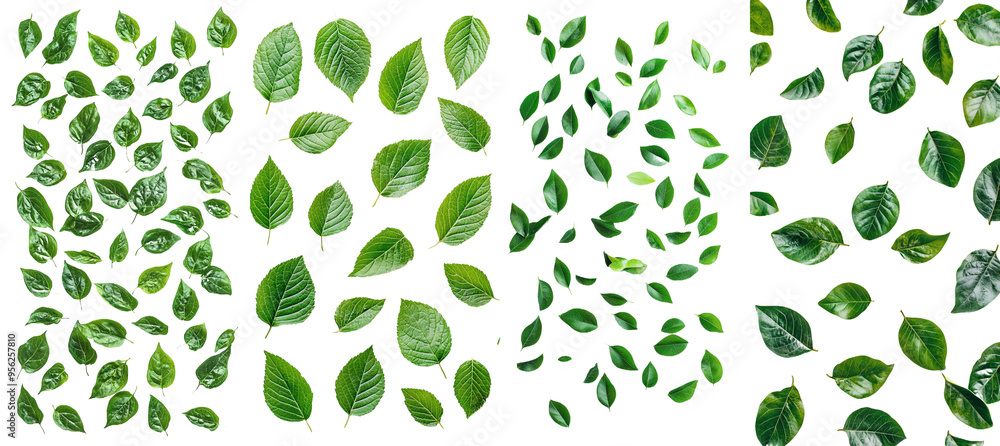 Poster raspberry leaves falling on a white background, full depth of field