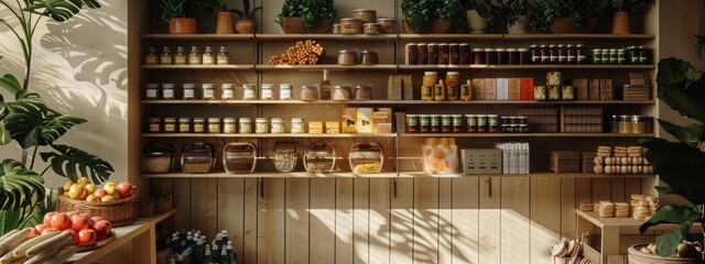Naklejka premium Organic product shelves in a sunlit natural store interior