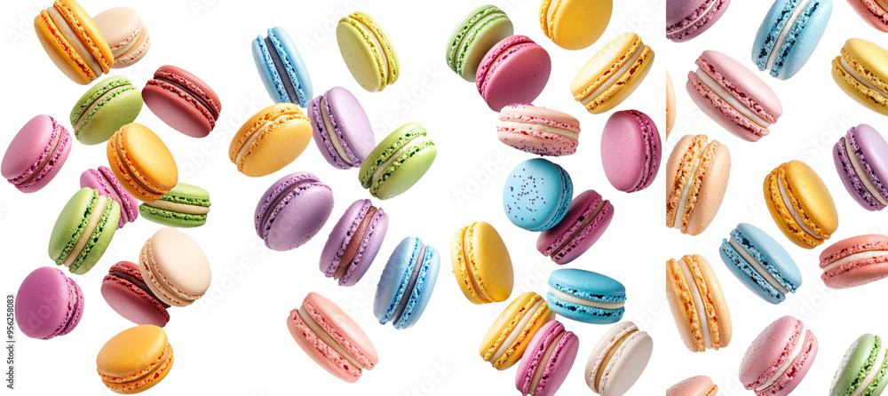 Poster the falling macaroons are isolated on white background, with full depth of field.