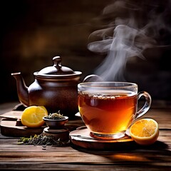 Aromatic tea in cup, Green green, leaves