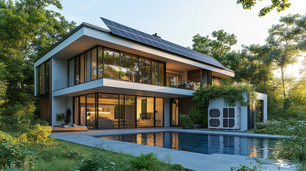 Modern ecofriendly home with solar panels, pool, and air conditioner surrounded by lush greenery. Perfect for sustainable living concepts. Generative AI