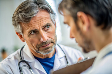 Fototapeta premium Doctor talking to patient in a hospital room. the doctor is listening to the patient's concerns. they are both looking at each other.