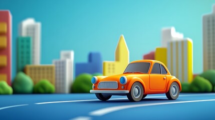 A vibrant orange toy car on the road, set against a colorful urban backdrop with modern buildings under a clear blue sky.