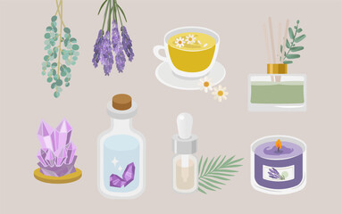 Alternative medicine concept. Herbal remedies, healing crystals, and Composition of bottles with medicinal herbs, aromatic oils, herbal tinctures and vitamin tea. Natural wellness and therapy.