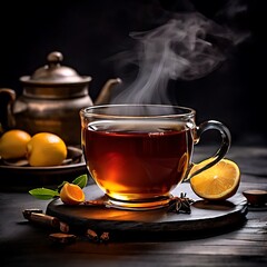 Aromatic tea in cup, Green green, leaves