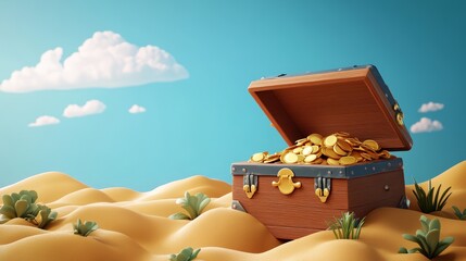 A vibrant treasure chest overflowing with gold coins, set against a sunny desert landscape, ideal for adventure and wealth themes.