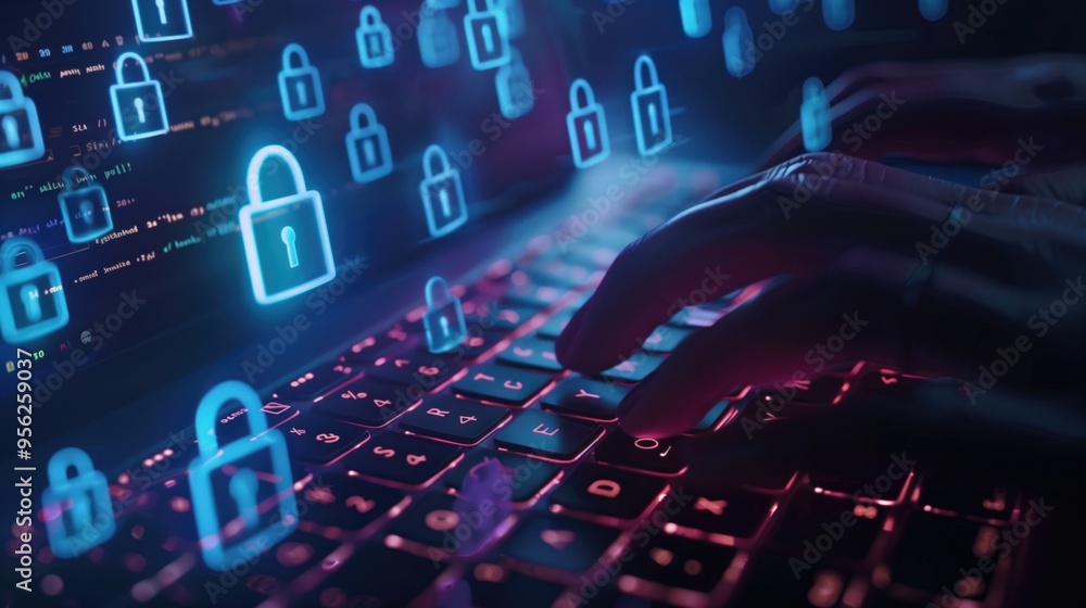 Aufkleber cybersecurity concept with hands typing on keyboard and digital lock icons in neon blue and red.