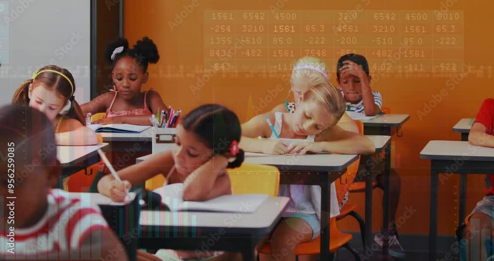 Poster children studying in classroom with data processing animation over them