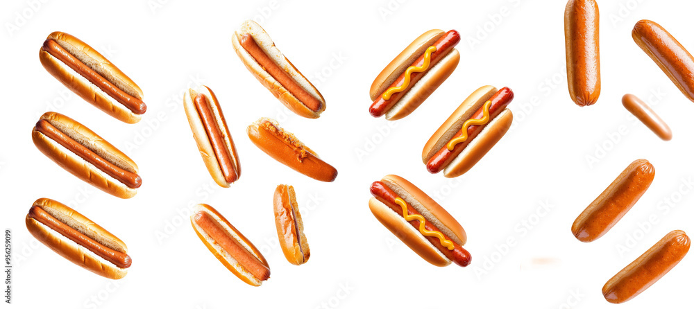 Poster full depth of field picture of a falling sausage on a white background