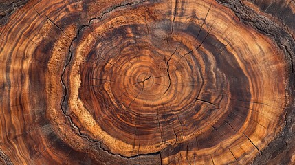 Isolated cross-section of a tree trunk showcases the intricate patterns of its annual rings. The wooden stump's sliced surface reveals a textured landscape of rings and cracks