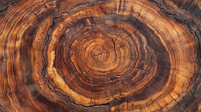 Isolated cross-section of a tree trunk showcases the intricate patterns of its annual rings. The wooden stump's sliced surface reveals a textured landscape of rings and cracks